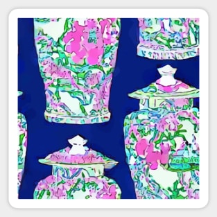 Colorful chinoiserie jars on deep blue seamless pattern Sticker